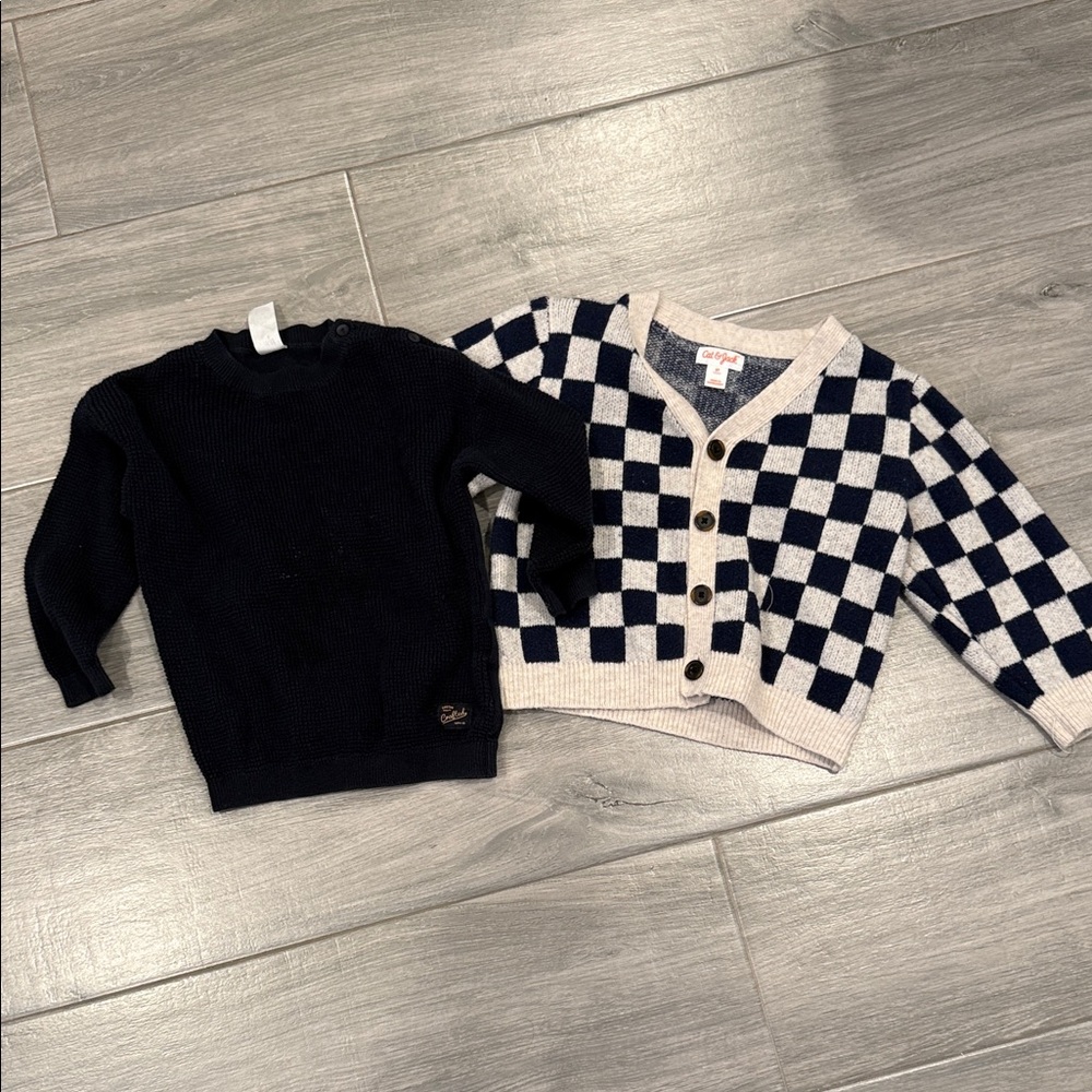 Checkerboard Button Cardigan & Solid Knit Sweater Set - Navy & Cream
